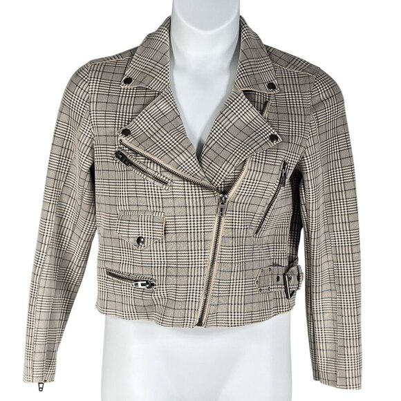 BlankNYC S Windowpane Plaid Moto Jacket Asymmetrical Zip Pockets Faux Suede Chic - Picture 1 of 16